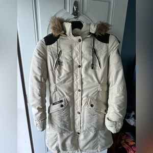 Rocawear Classics Women's Size L Cream Faux Trim Hood Hooded Puffer Coat